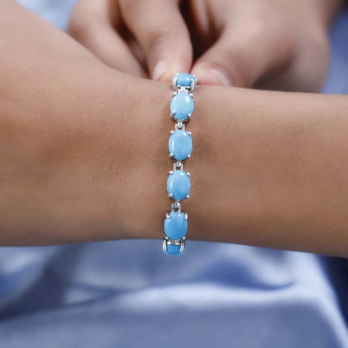 Doorbuster Premium American Natural Sleeping Beauty Turquoise Tennis Bracelet in Platinum Over Sterling Silver (6.50 In) 7 Grams 18.85 ctw image number 5