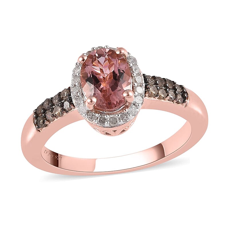 Natural Blush Tourmaline, Natural Champagne and White Diamond Ring in Vermeil Rose Gold Over Sterling Silver (Size 10.0) 1.15 ctw
