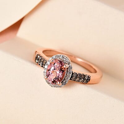 Natural Blush Tourmaline, Natural Champagne and White Diamond Ring in Vermeil Rose Gold Over Sterling Silver (Size 10.0) 1.15 ctw