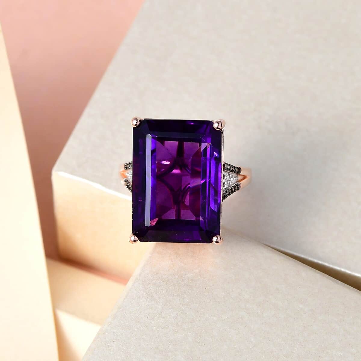 Amethyst, Natural Champagne and White Diamond Ring in Vermeil Rose Gold Over Sterling Silver 15.00 ctw image number 1