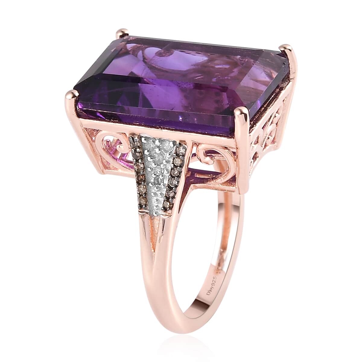 Amethyst, Natural Champagne and White Diamond Ring in Vermeil Rose Gold Over Sterling Silver 15.00 ctw image number 3