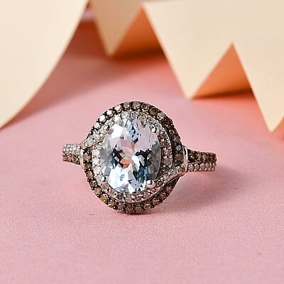 Premium Mangoro Aquamarine, Natural Champagne and Diamond Ring in Platinum Over Sterling Silver (Size 10.0) 2.75 ctw