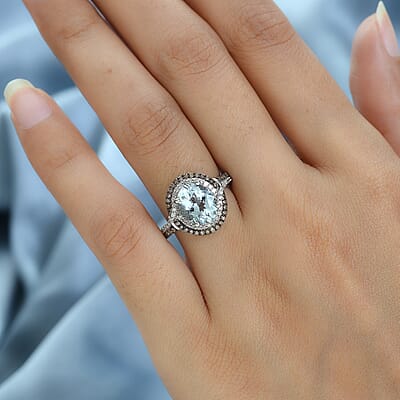 Premium Mangoro Aquamarine, Natural Champagne and Diamond Ring in Platinum Over Sterling Silver (Size 10.0) 2.75 ctw