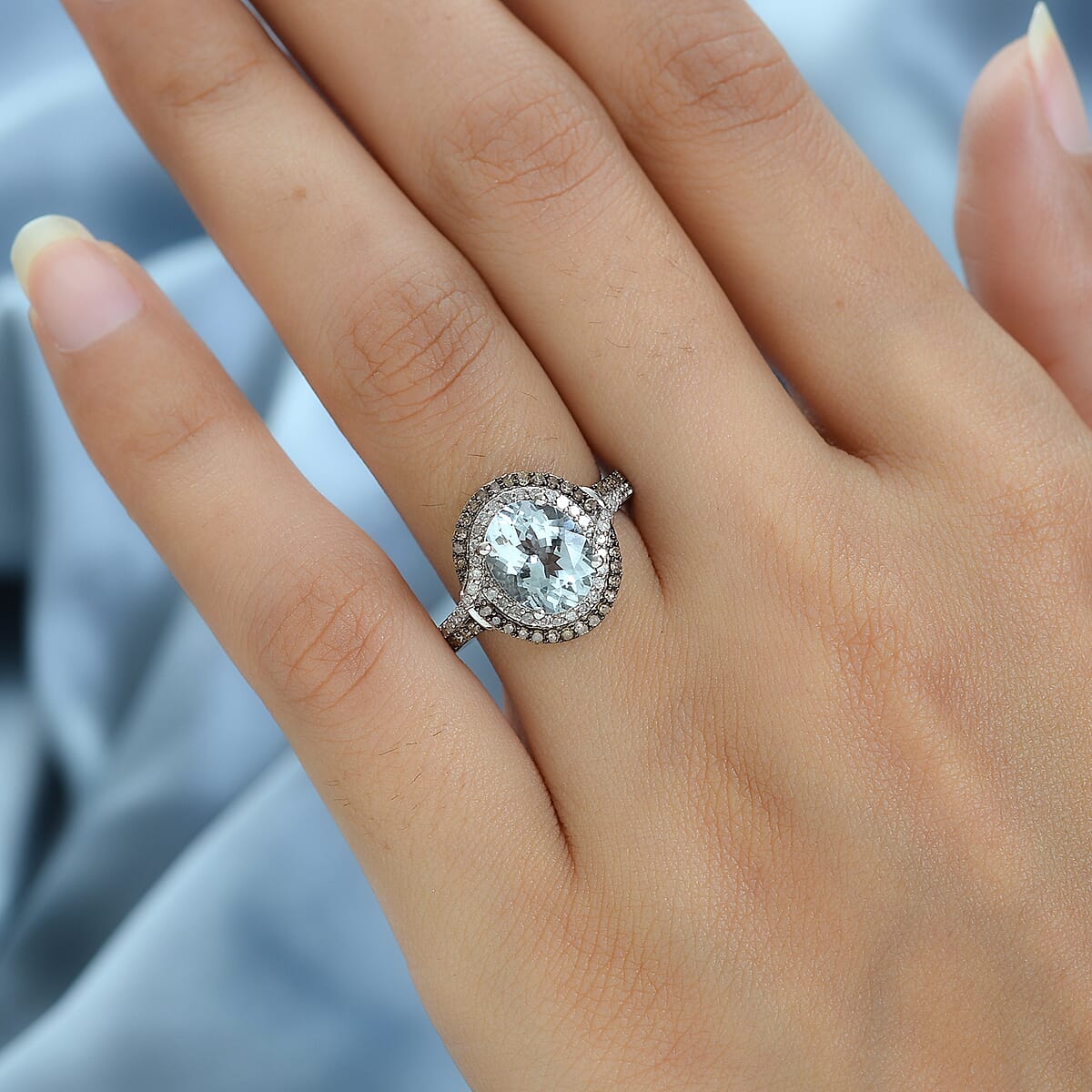 Premium Mangoro Aquamarine, Natural Champagne and Diamond Ring in Platinum Over Sterling Silver (Size 6.0) 2.75 ctw image number 2