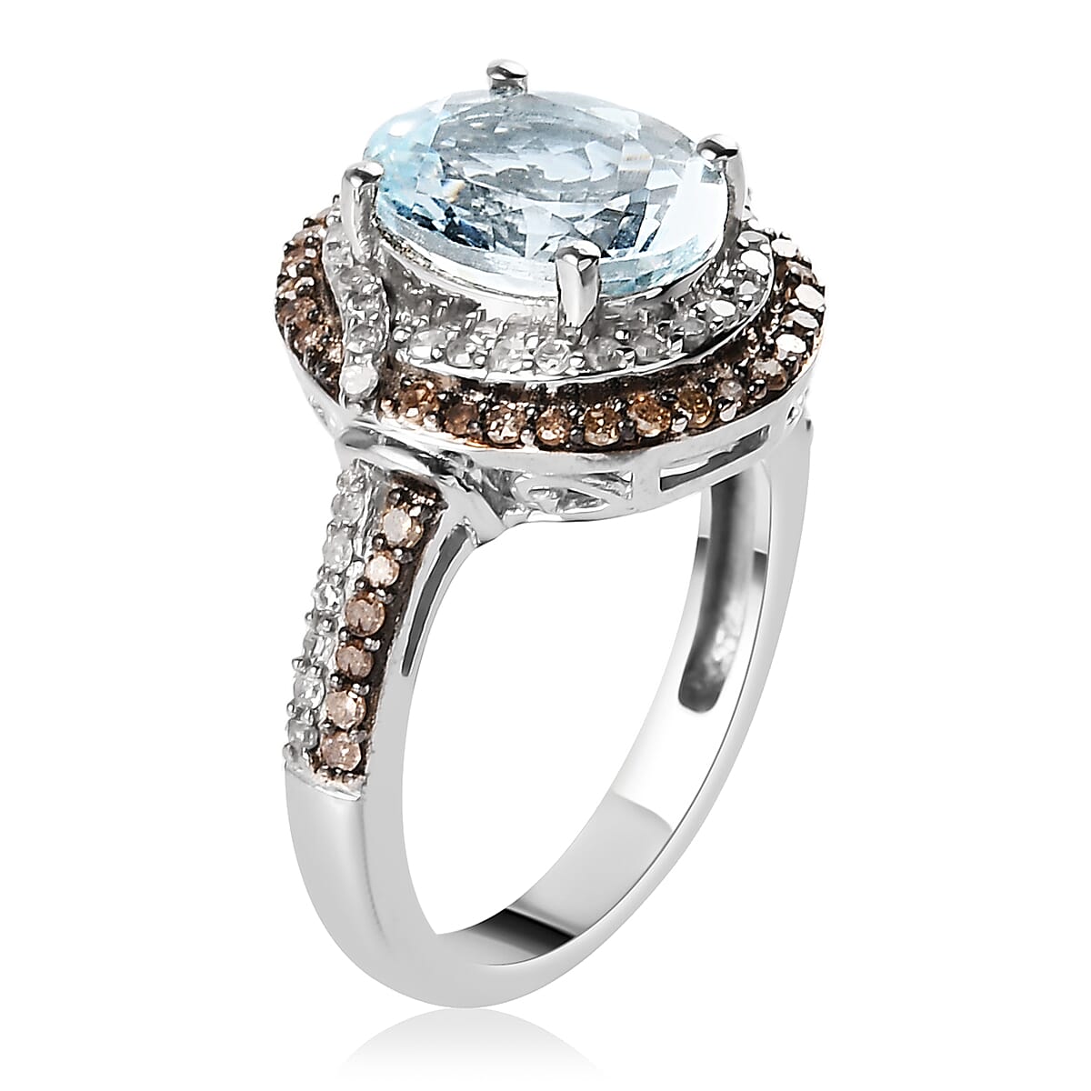 Premium Mangoro Aquamarine, Natural Champagne and Diamond Ring in Platinum Over Sterling Silver (Size 6.0) 2.75 ctw image number 3