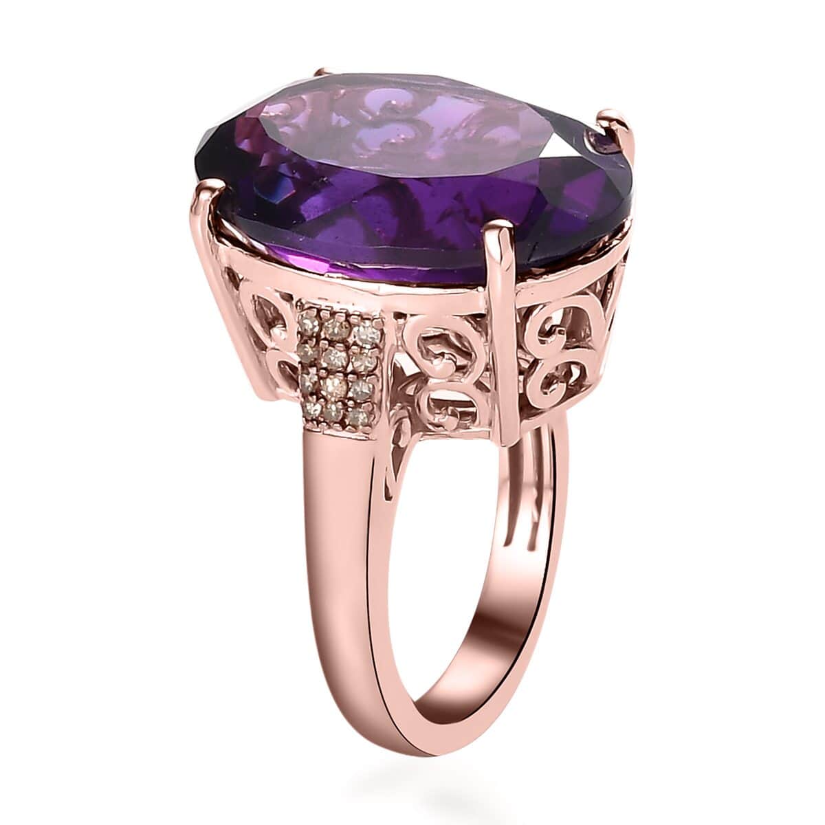 Amethyst and Natural Champagne Diamond Ring in Vermeil Rose Gold Over Sterling Silver 19.00 ctw image number 3