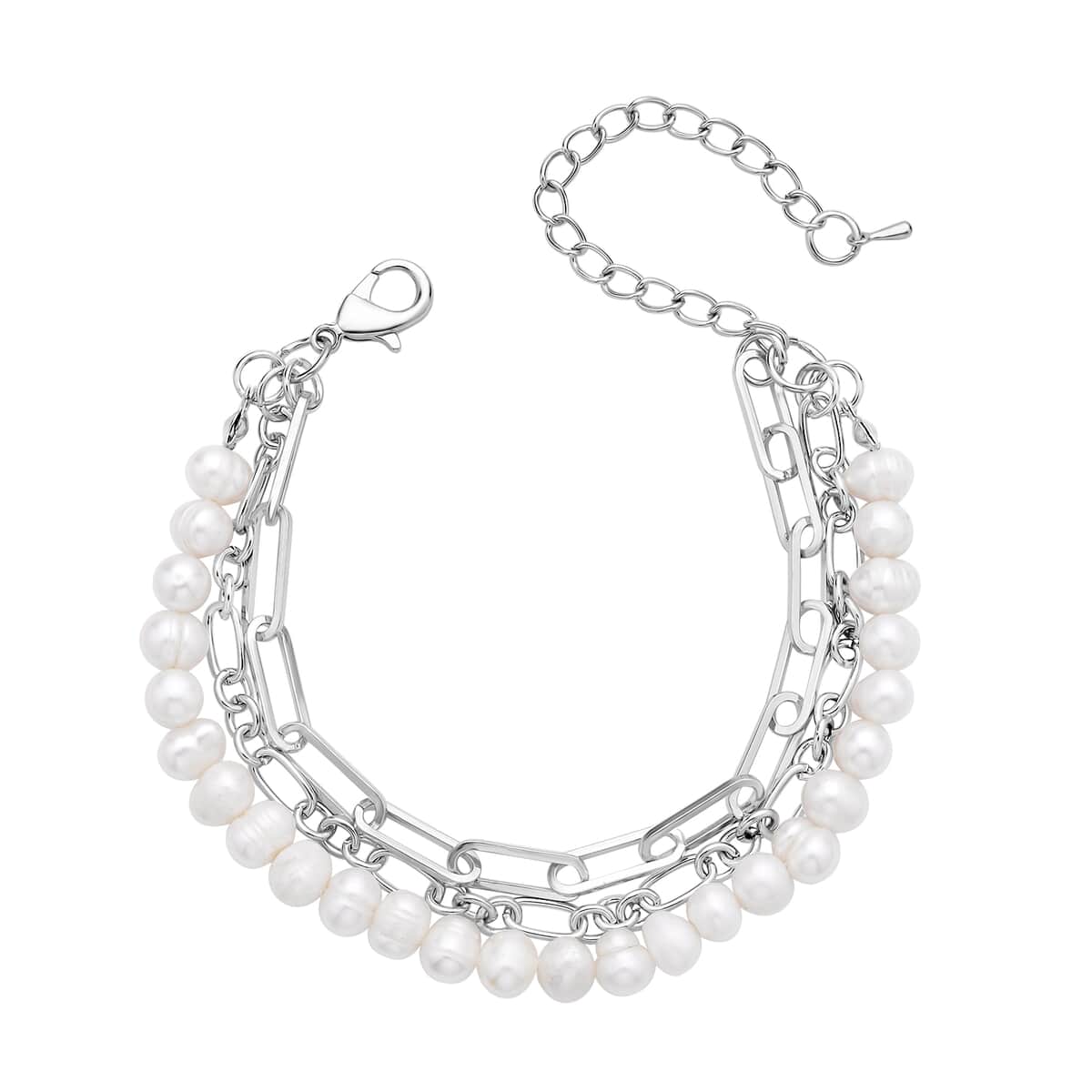 White Freshwater Pearl Three Layers (Beaded, Paper Clip and Figaro Chain) Bracelet in Silvertone (7.50-950In) image number 0