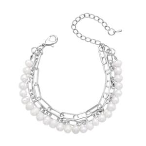 White Freshwater Pearl Three Layers (Paper Clip and Figaro Chain) Bracelet in Silvertone (7.50-9.50In)