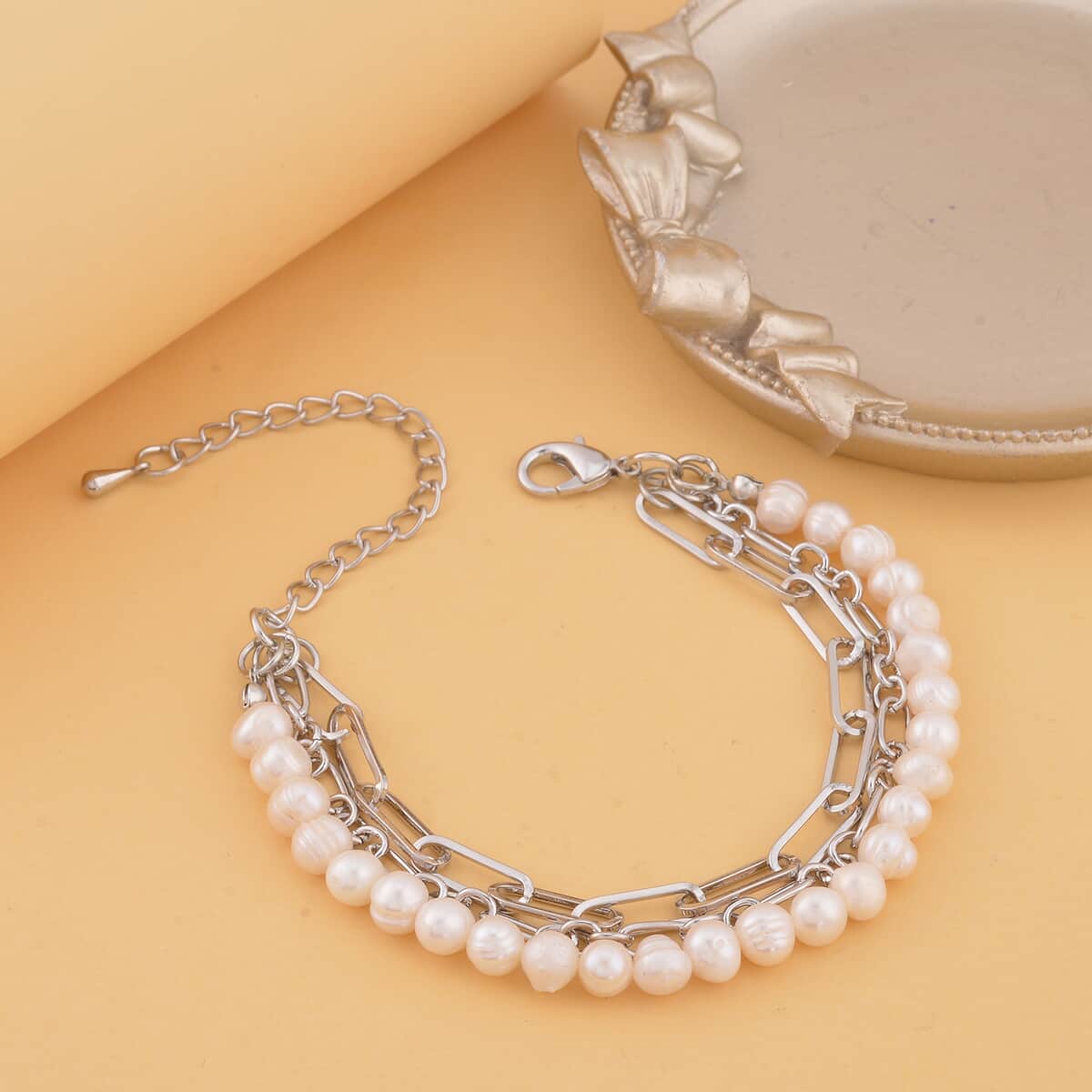 White Freshwater Pearl Three Layers (Paper Clip and Figaro Chain) Bracelet in Silvertone (7.50-9.50In) image number 1