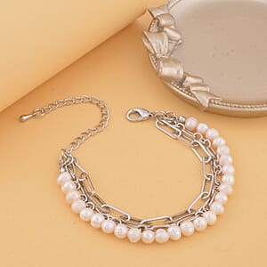 White Freshwater Pearl Three Layers (Paper Clip and Figaro Chain) Bracelet in Silvertone (7.50-9.50In)