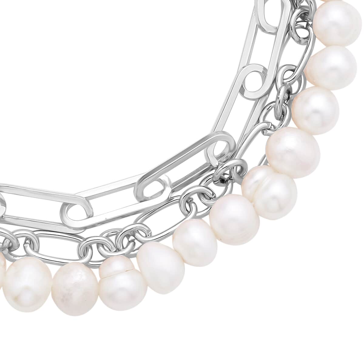 White Freshwater Pearl Three Layers (Paper Clip and Figaro Chain) Bracelet in Silvertone (7.50-9.50In) image number 2