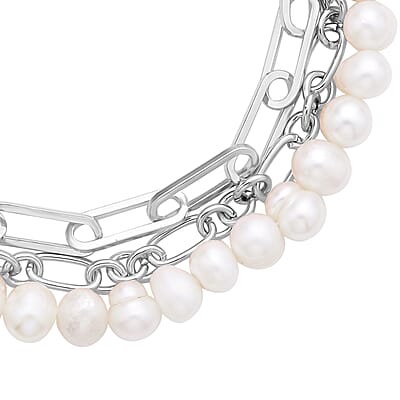 White Freshwater Pearl Three Layers (Paper Clip and Figaro Chain) Bracelet in Silvertone (7.50-9.50In)