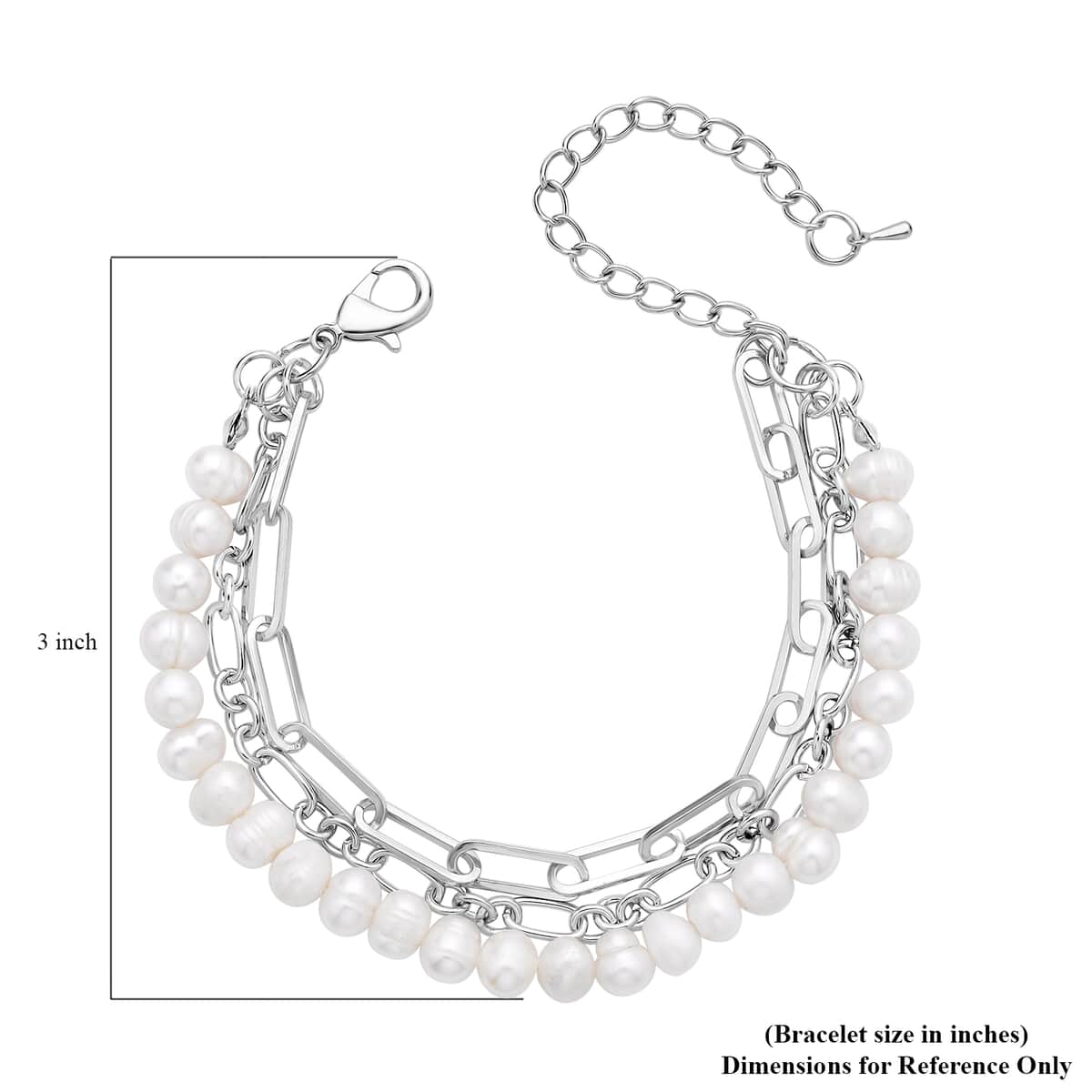 White Freshwater Pearl Three Layers (Paper Clip and Figaro Chain) Bracelet in Silvertone (7.50-9.50In) image number 3