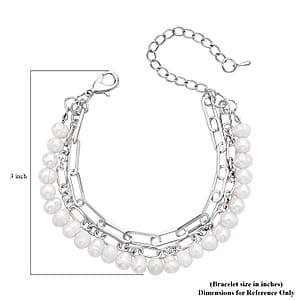 White Freshwater Pearl Three Layers (Paper Clip and Figaro Chain) Bracelet in Silvertone (7.50-9.50In)