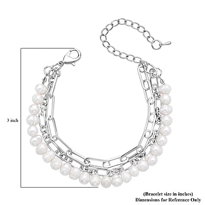 White Freshwater Pearl Three Layers (Paper Clip and Figaro Chain) Bracelet in Silvertone (7.50-9.50In)