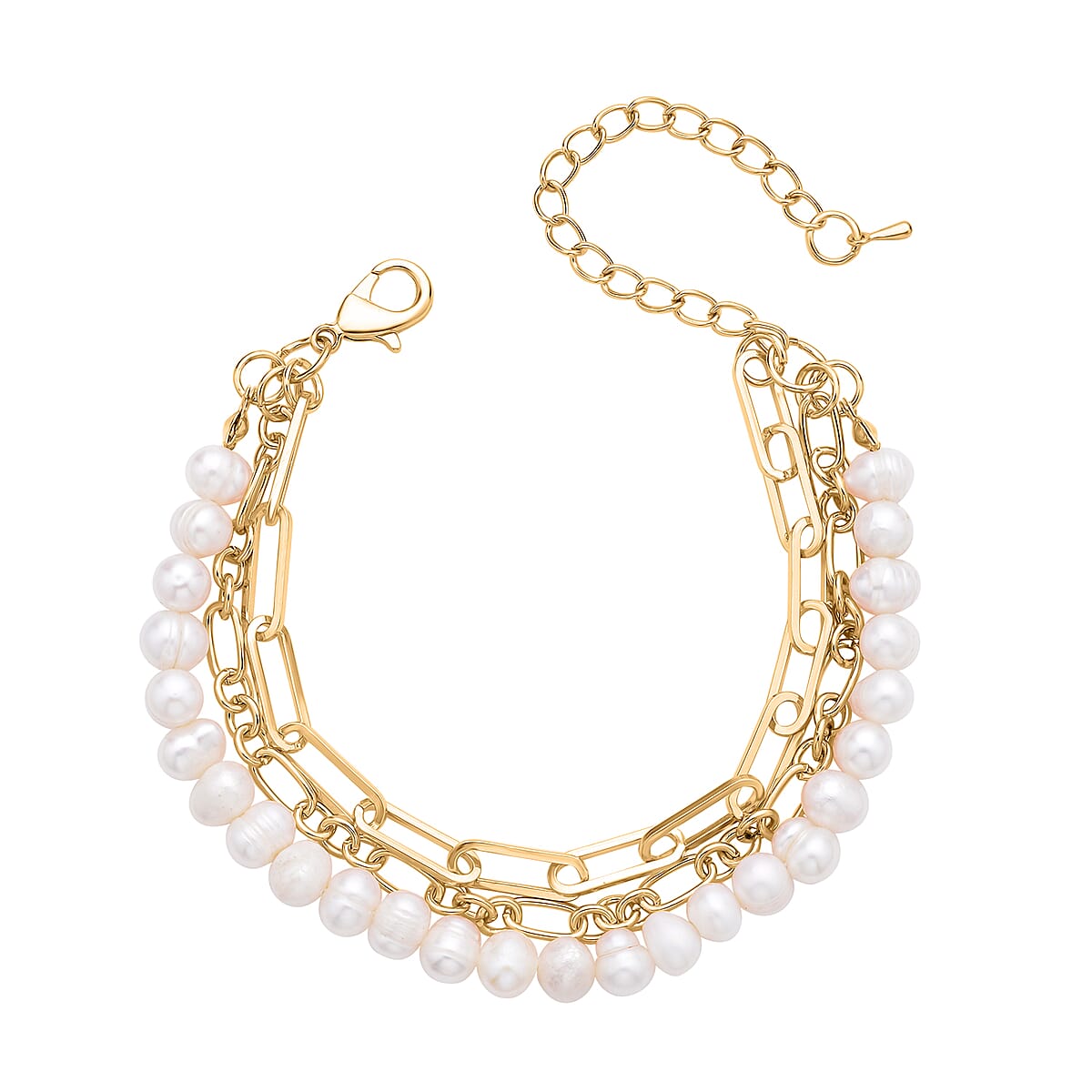 White Freshwater Pearl Three Layers (Paper Clip and Figaro Chain) Bracelet in Goldtone (7.50-9.50In) image number 0