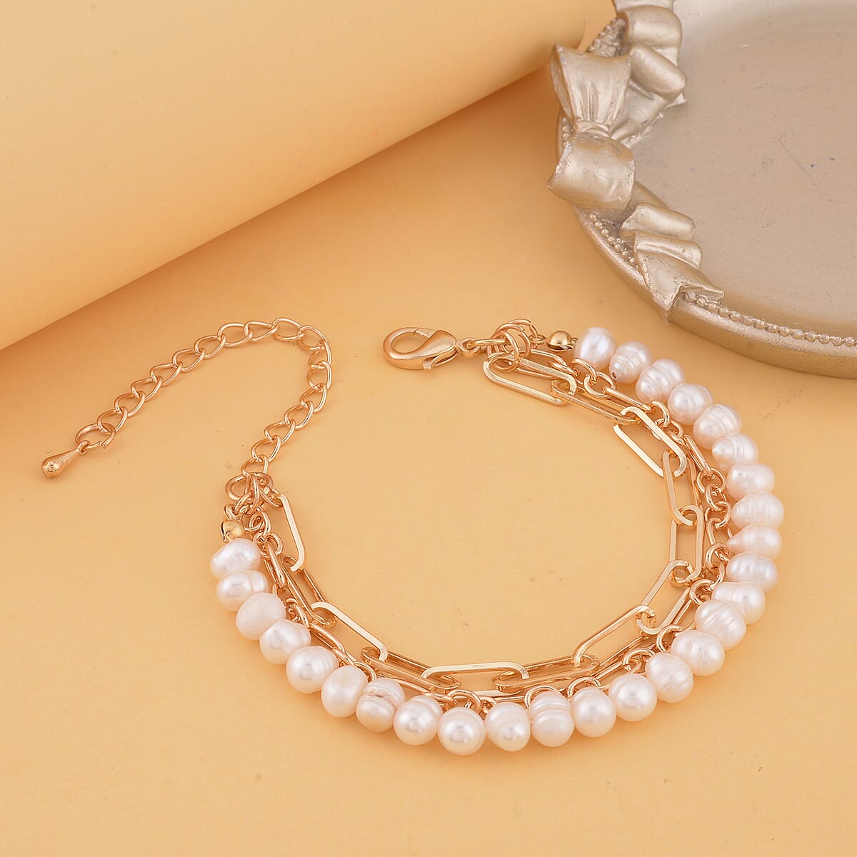 White Freshwater Pearl Three Layers (Paper Clip and Figaro Chain) Bracelet in Goldtone (7.50-9.50In) image number 1