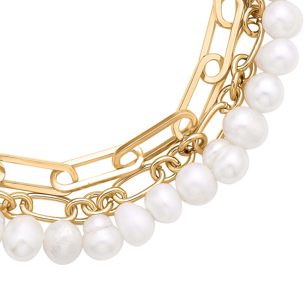 White Freshwater Pearl Three Layers (Paper Clip and Figaro Chain) Bracelet in Goldtone (7.50-9.50In) image number 2