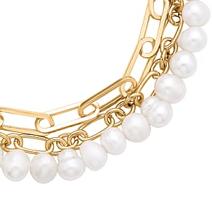 White Freshwater Pearl Three Layers (Paper Clip and Figaro Chain) Bracelet in Goldtone (7.50-9.50In)