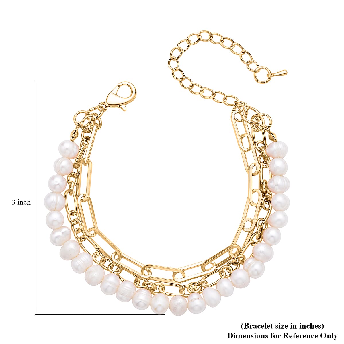 White Freshwater Pearl Three Layers (Paper Clip and Figaro Chain) Bracelet in Goldtone (7.50-9.50In) image number 3