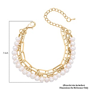 White Freshwater Pearl Three Layers (Paper Clip and Figaro Chain) Bracelet in Goldtone (7.50-9.50In)