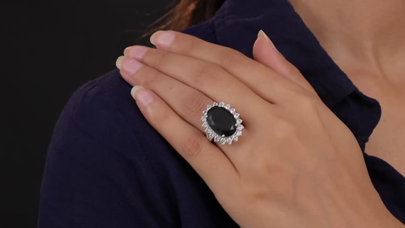 Australian Black Tourmaline and Natural White Zircon Sunburst Ring in Platinum Over Sterling Silver 18.90 ctw