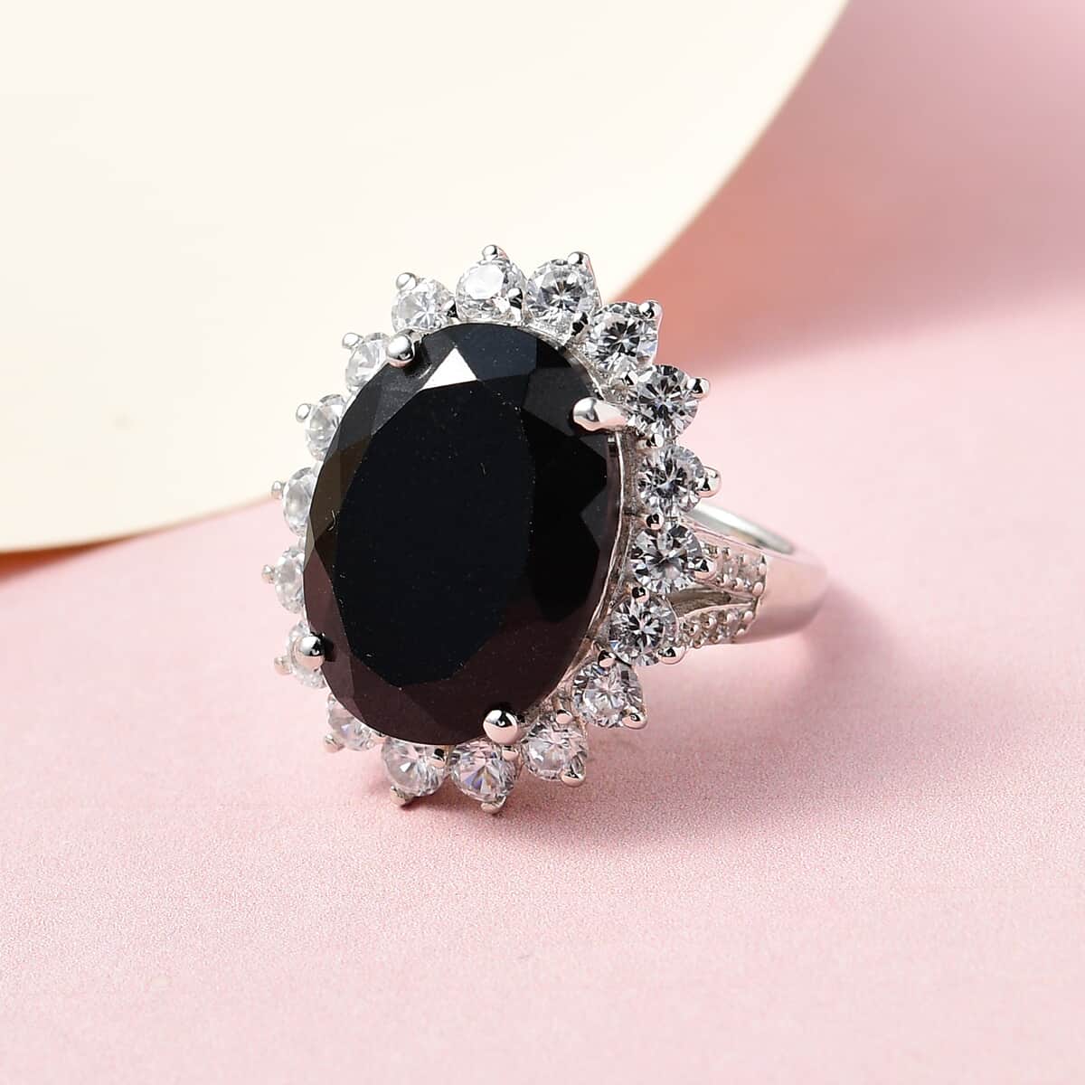 Australian Black Tourmaline and Natural White Zircon Sunburst Ring in Platinum Over Sterling Silver (Size 10.0) 18.90 ctw image number 1