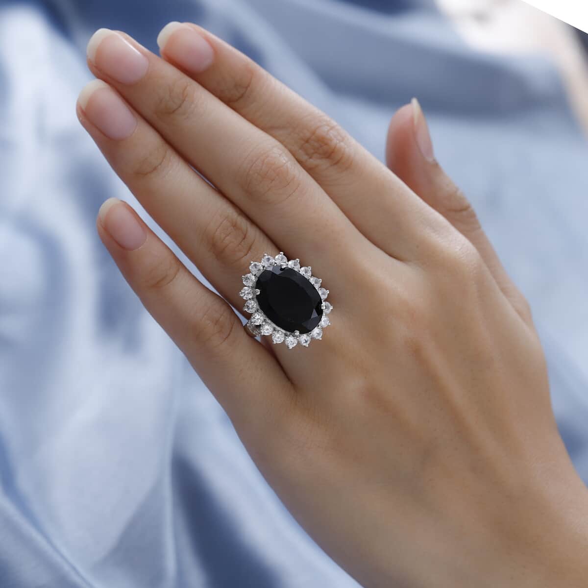 Australian Black Tourmaline and Natural White Zircon Sunburst Ring in Platinum Over Sterling Silver 18.90 ctw image number 2