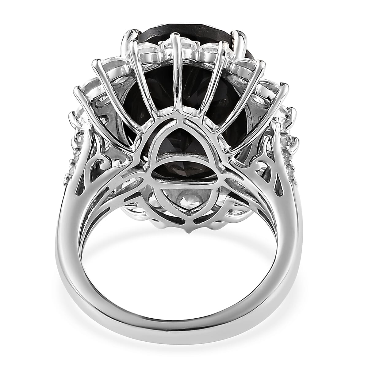 Australian Black Tourmaline and Natural White Zircon Sunburst Ring in Platinum Over Sterling Silver (Size 10.0) 18.90 ctw