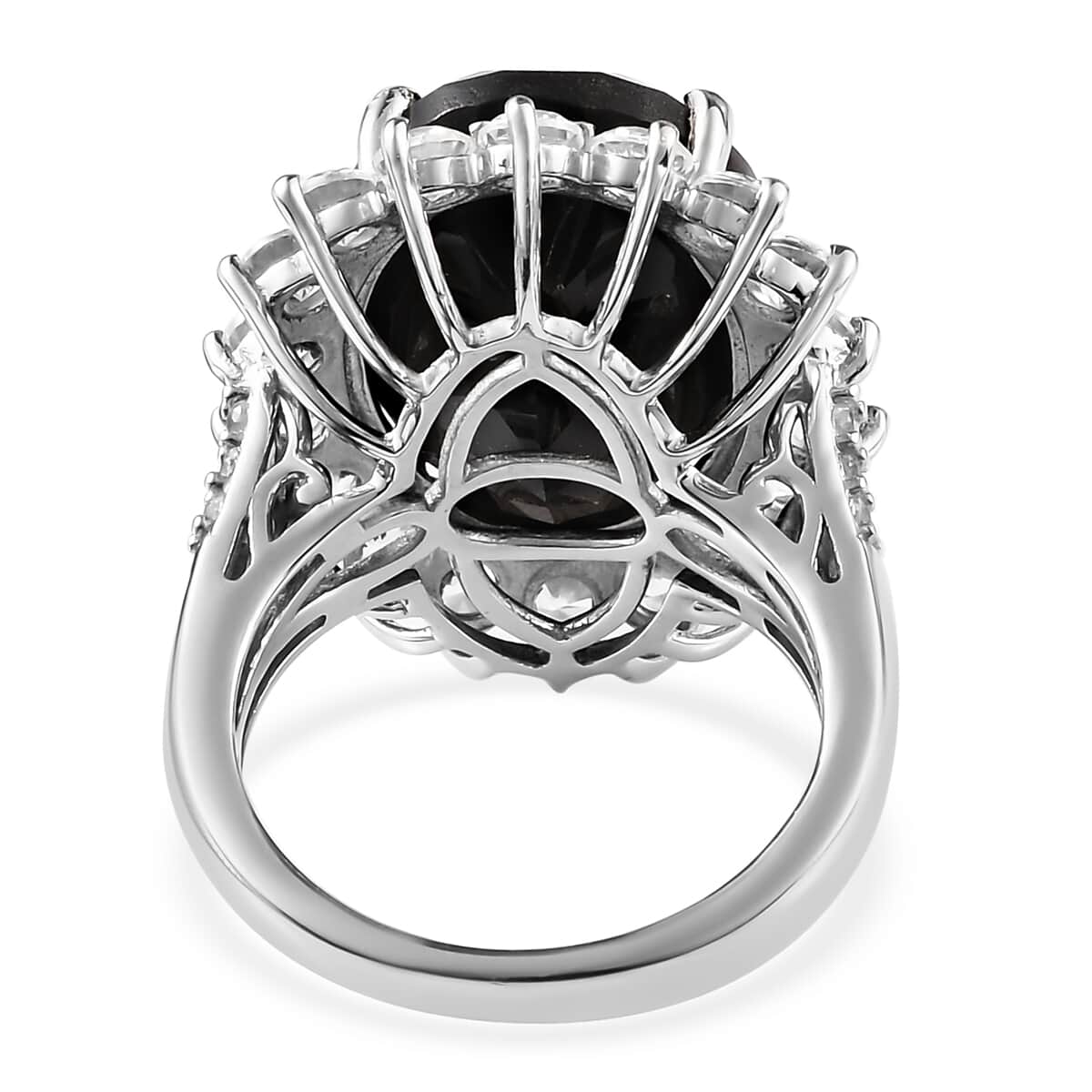 Australian Black Tourmaline and Natural White Zircon Sunburst Ring in Platinum Over Sterling Silver 18.90 ctw image number 4