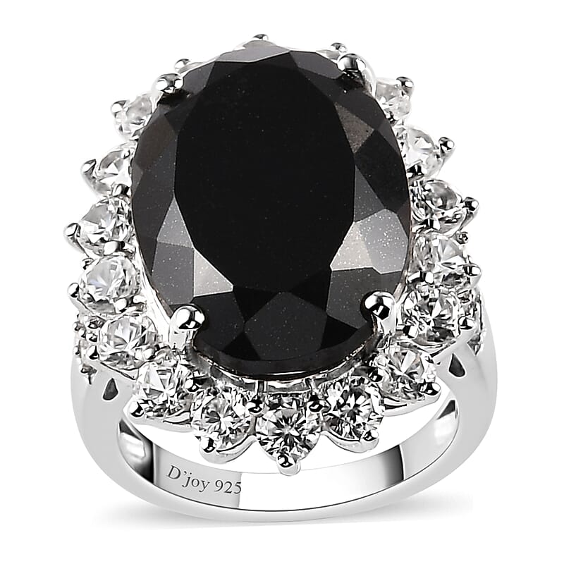 Australian Black Tourmaline and Natural White Zircon Sunburst Ring in Platinum Over Sterling Silver (Size 8.0) 18.90 ctw