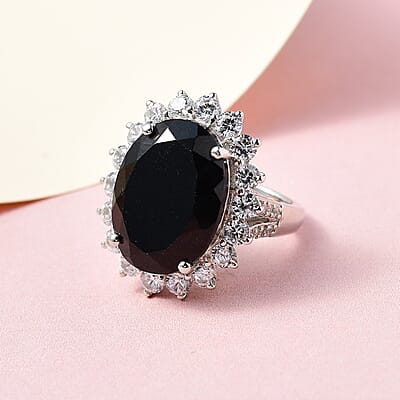 Australian Black Tourmaline and Natural White Zircon Sunburst Ring in Platinum Over Sterling Silver (Size 8.0) 18.90 ctw