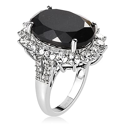 Australian Black Tourmaline and Natural White Zircon Sunburst Ring in Platinum Over Sterling Silver (Size 8.0) 18.90 ctw