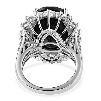Australian Black Tourmaline and Natural White Zircon Sunburst Ring in Platinum Over Sterling Silver (Size 8.0) 18.90 ctw