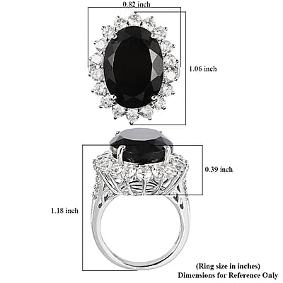 Australian Black Tourmaline and Natural White Zircon Sunburst Ring in Platinum Over Sterling Silver (Size 8.0) 18.90 ctw