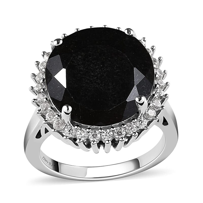 Australian Black Tourmaline and Natural White Zircon Halo Ring in Platinum Over Sterling Silver (Size 10.0) 12.00 ctw