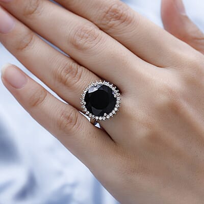 Australian Black Tourmaline and Natural White Zircon Halo Ring in Platinum Over Sterling Silver (Size 10.0) 12.00 ctw