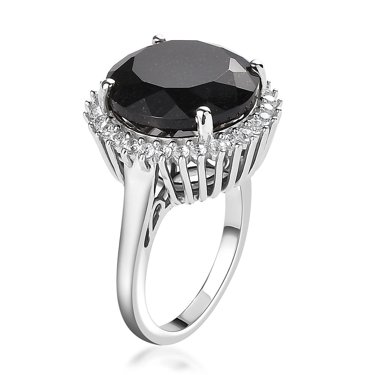 Australian Black Tourmaline and Natural White Zircon Halo Ring in Platinum Over Sterling Silver (Size 10.0) 12.00 ctw