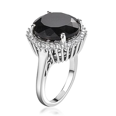 Australian Black Tourmaline and Natural White Zircon Halo Ring in Platinum Over Sterling Silver (Size 10.0) 12.00 ctw