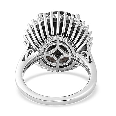 Australian Black Tourmaline and Natural White Zircon Halo Ring in Platinum Over Sterling Silver (Size 10.0) 12.00 ctw