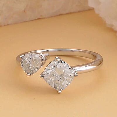 Moissanite 2.35 ctw Bypass 2 Stone Mixed Shape Ring in Rhodium Over Sterling Silver (Size 10.0)