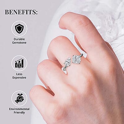 Moissanite 2.35 ctw Bypass 2 Stone Mixed Shape Ring in Rhodium Over Sterling Silver (Size 10.0)
