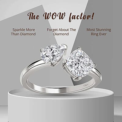 Moissanite 2.35 ctw Bypass 2 Stone Mixed Shape Ring in Rhodium Over Sterling Silver (Size 10.0)