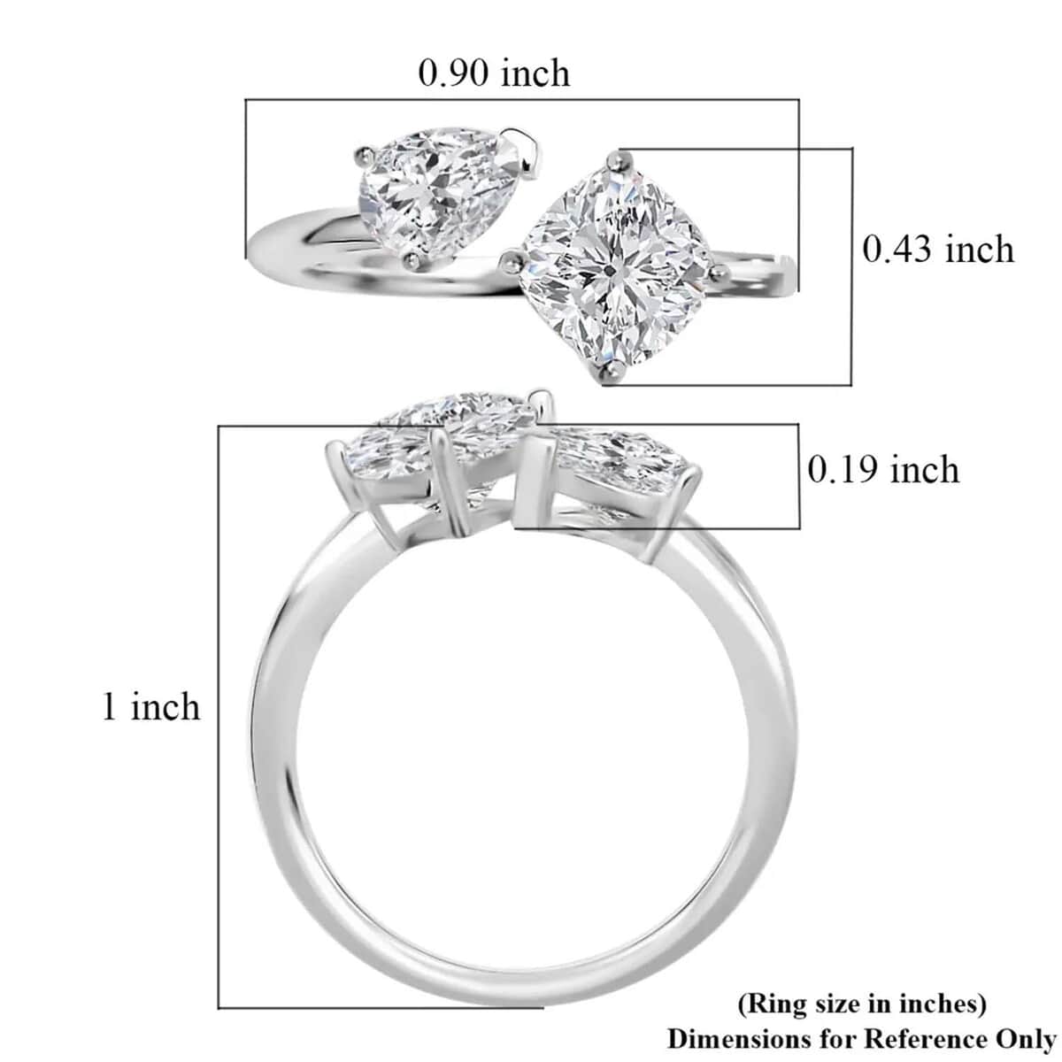 Moissanite 2.35 ctw Bypass 2 Stone Mixed Shape Ring in Rhodium Over Sterling Silver (Size 10.0) image number 6