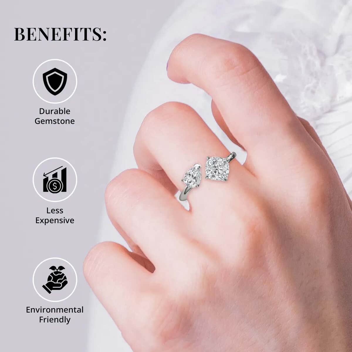 Moissanite Bypass 2 Stone Mixed Shape Ring in Rhodium Over Sterling Silver (Size 8.0) 2.35 ctw image number 3