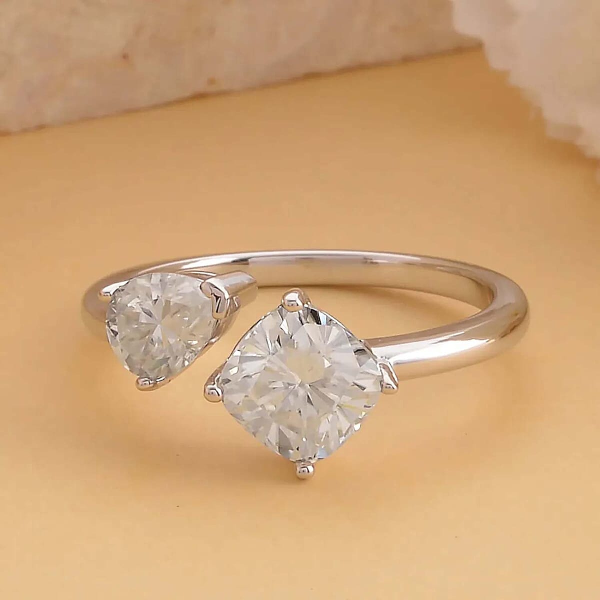 Moissanite Bypass 2 Stone Mixed Shape Ring in Rhodium Over Sterling Silver (Size 9.0) 2.35 ctw image number 1