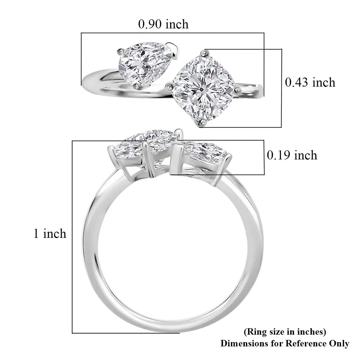 Moissanite Bypass 2 Stone Mixed Shape Ring in Rhodium Over Sterling Silver (Size 9.0) 2.35 ctw image number 6