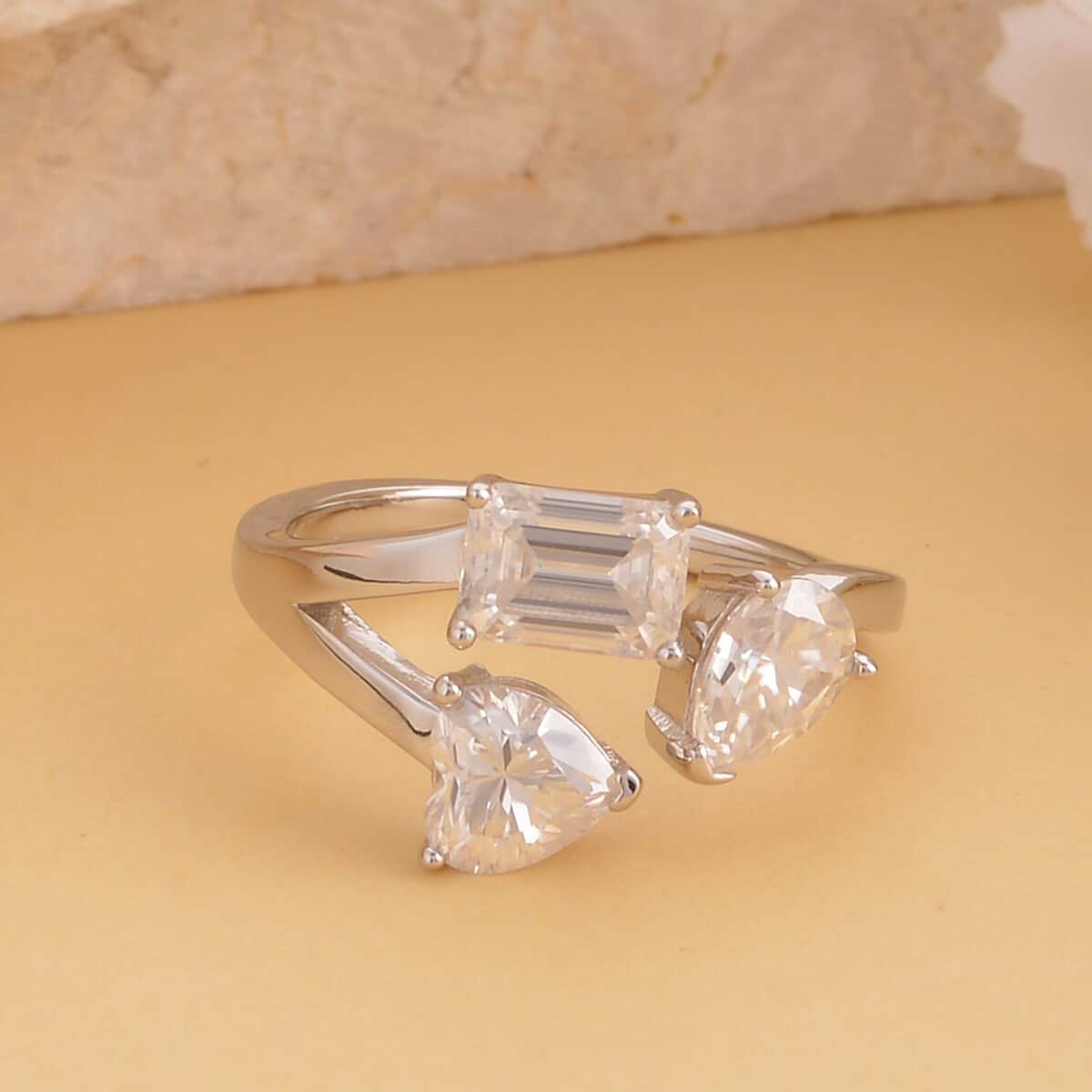 Moissanite Bypass 3 Stone Ring in Rhodium Over Sterling Silver (Size 10.0) 2.50 ctw image number 1