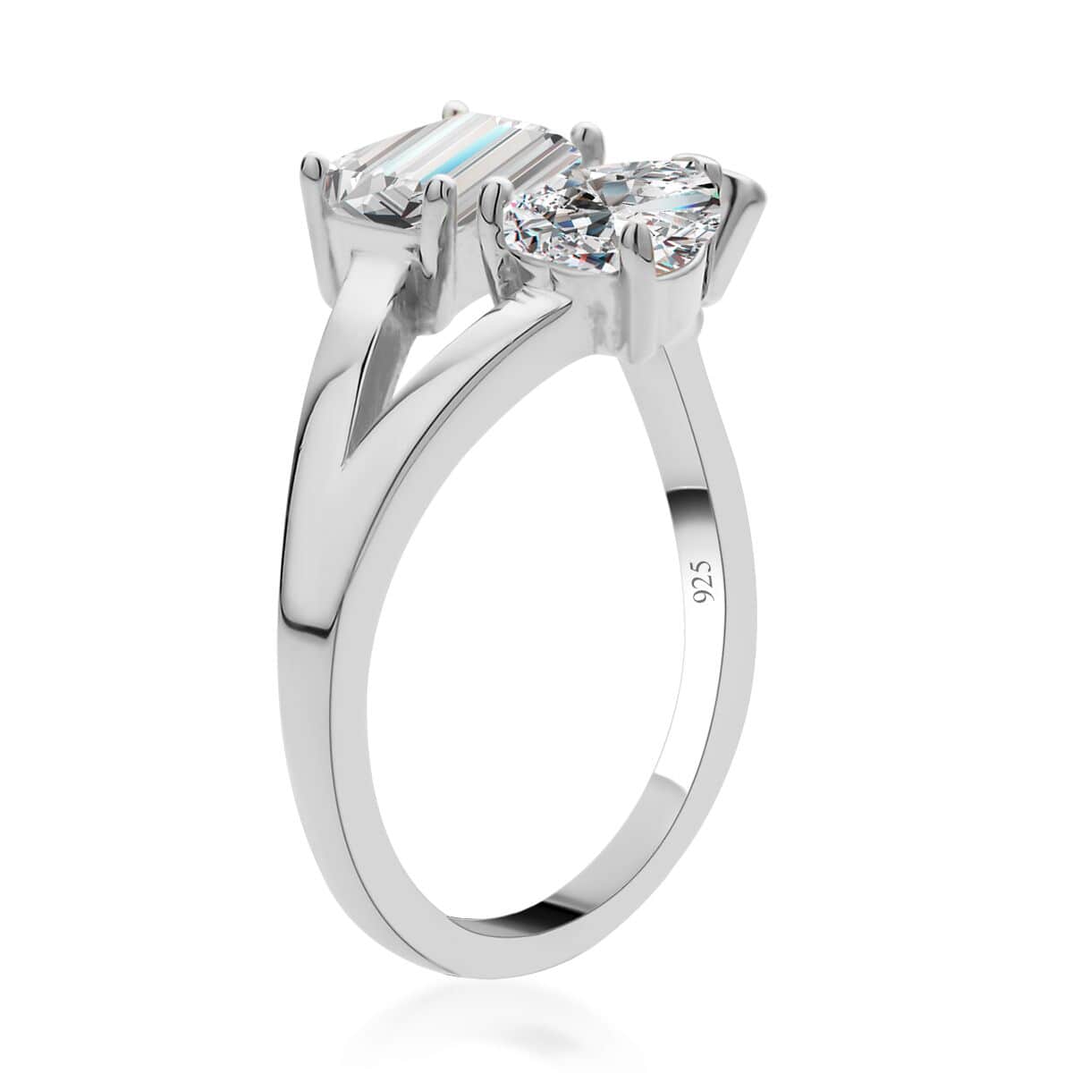 Moissanite Bypass 3 Stone Mixed Shape Ring in Rhodium Over Sterling Silver (Size 10.0) 2.50 ctw image number 3