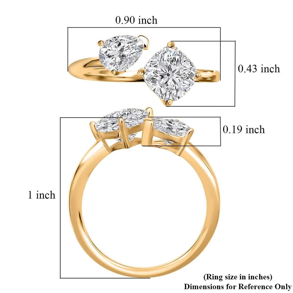 Moissanite Bypass Ring in Vermeil Yellow Gold Over Sterling Silver, Open Band Ring, Moissanite Ring, Two Stone Ring 2.35 ctw (Size 10) image number 6